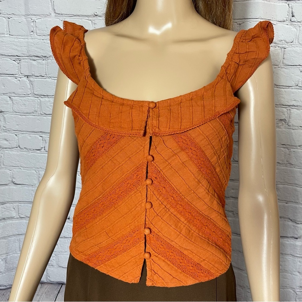 Free People Rust Orange Riviera Ruffled Square-Neck Button Front Crop Top - Picture 9 of 9